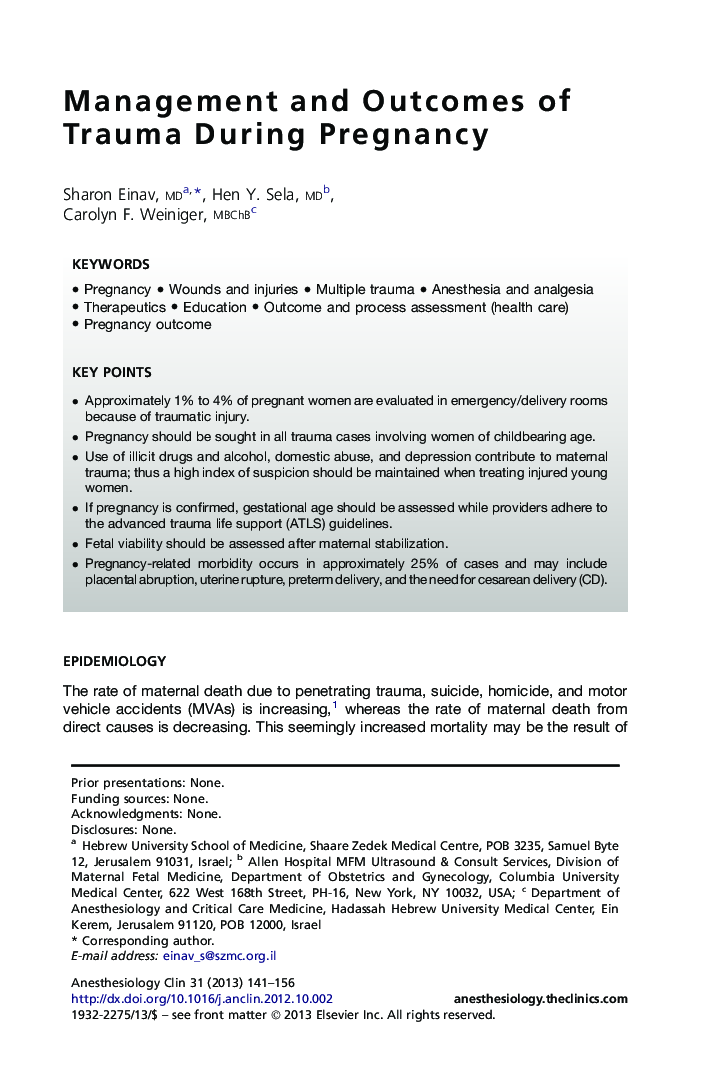 Management and Outcomes of Trauma During Pregnancy