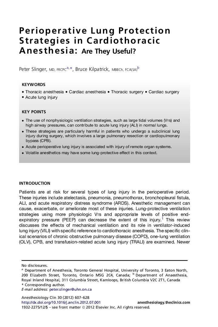 Perioperative Lung Protection Strategies in Cardiothoracic Anesthesia