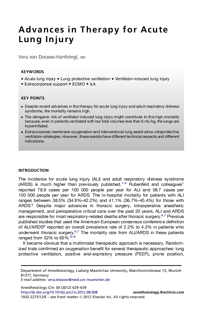 Advances in Therapy for Acute Lung Injury