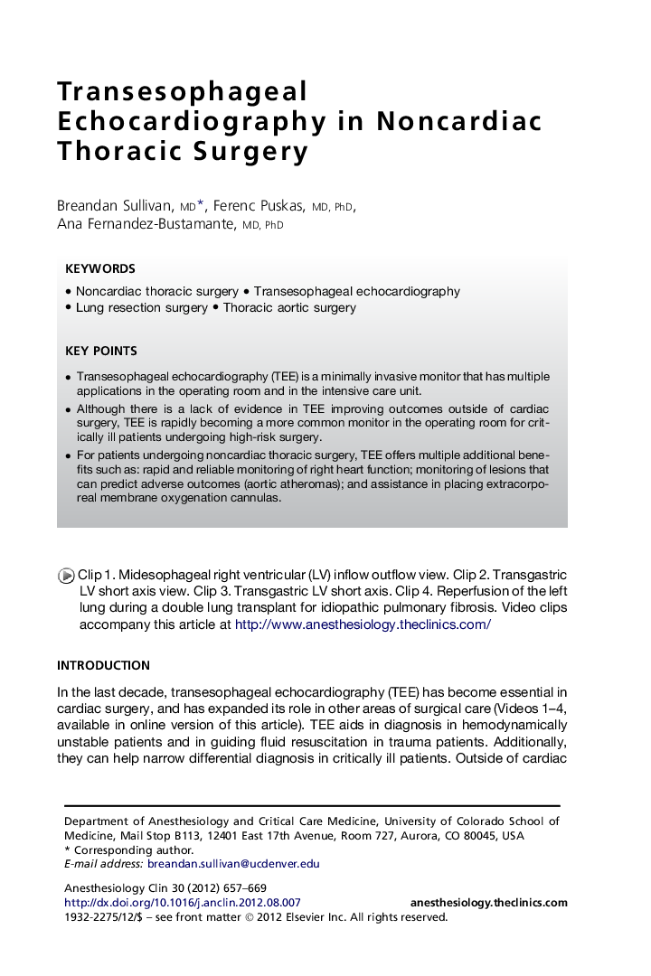 Transesophageal Echocardiography in Noncardiac Thoracic Surgery