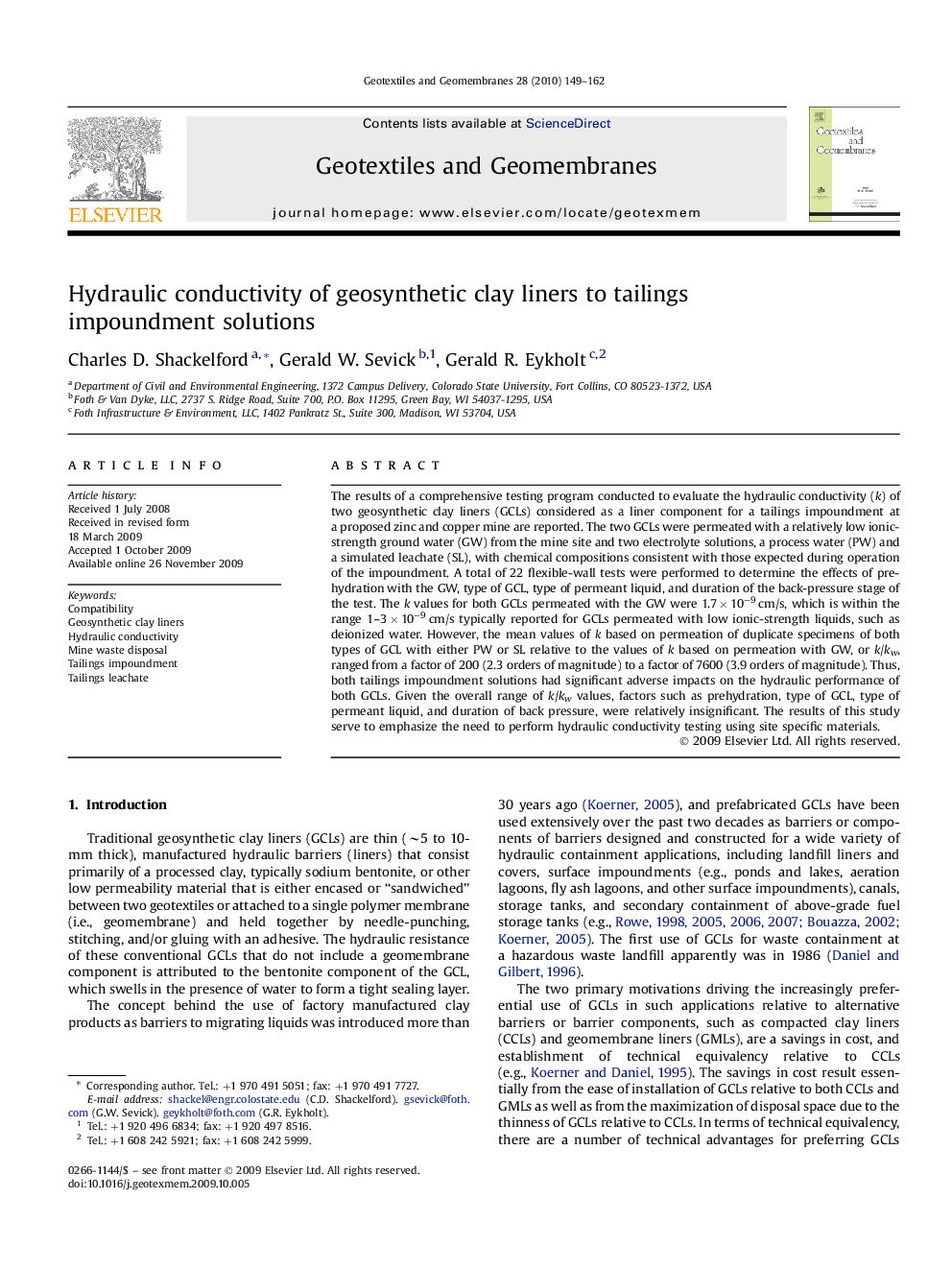 Hydraulic conductivity of geosynthetic clay liners to tailings impoundment solutions