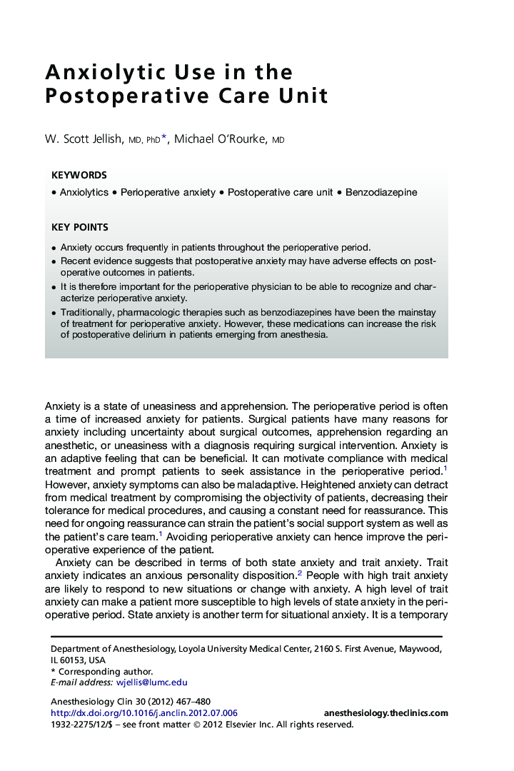 Anxiolytic Use in the Postoperative Care Unit