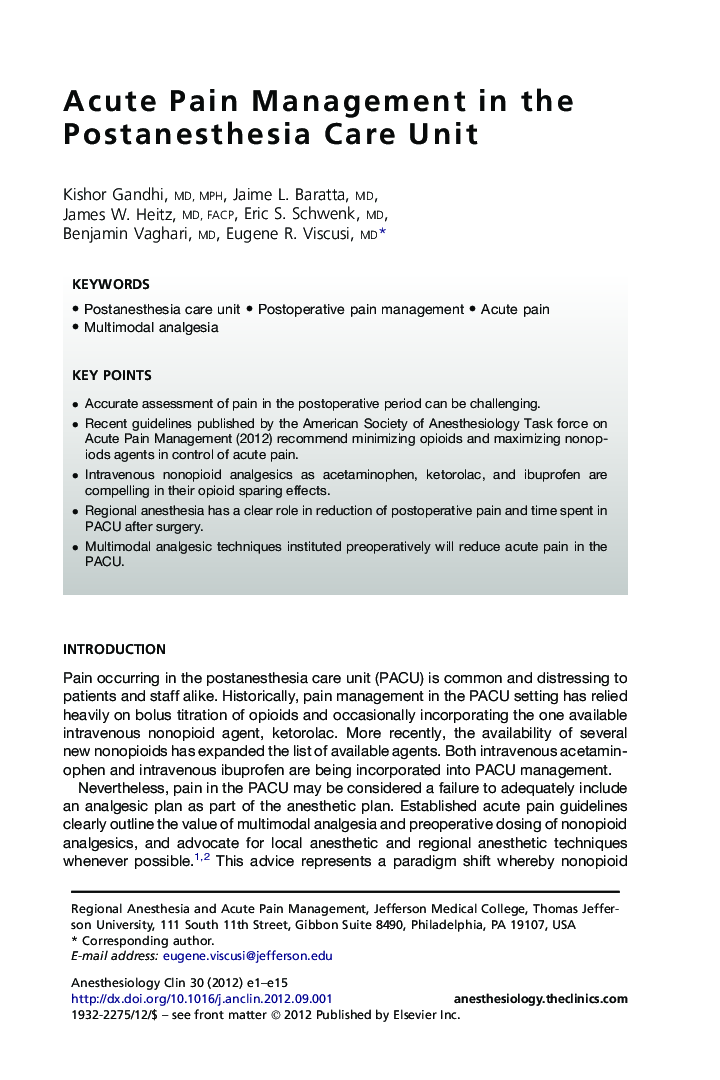 Acute Pain Management in the Postanesthesia Care Unit