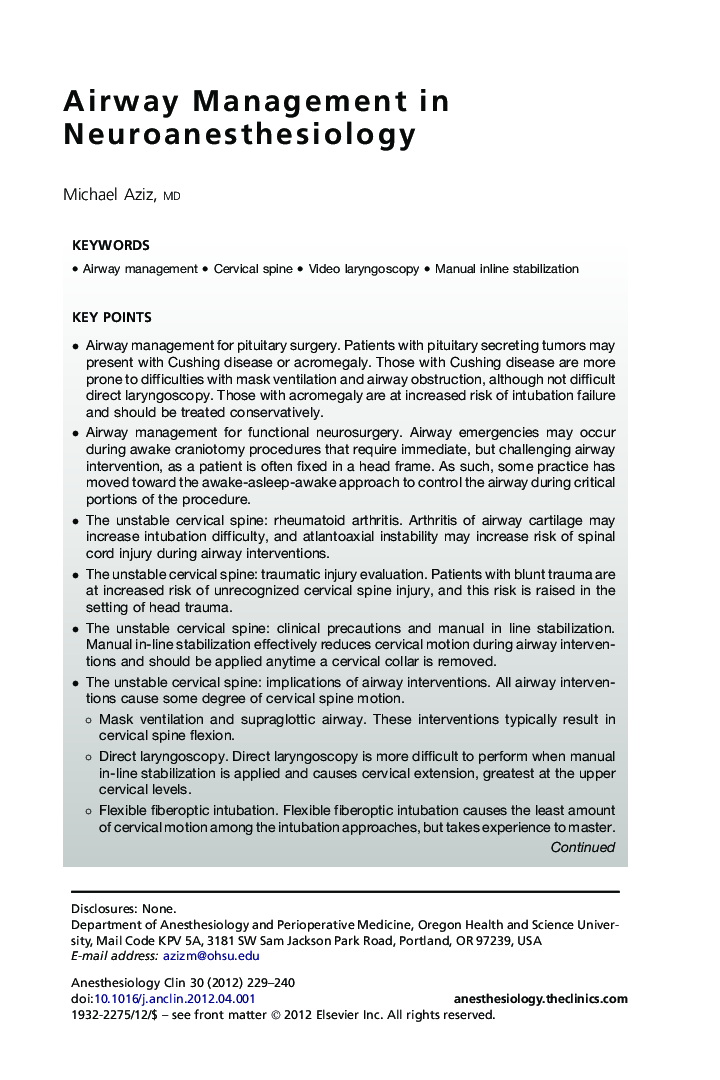 Airway Management in Neuroanesthesiology