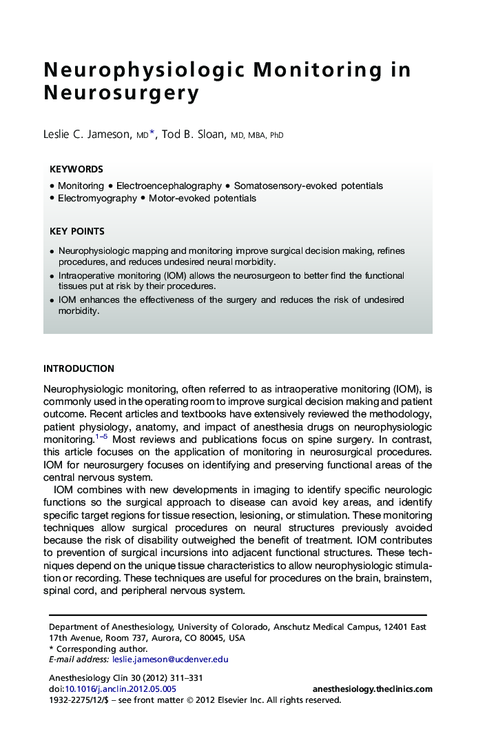 Neurophysiologic Monitoring in Neurosurgery