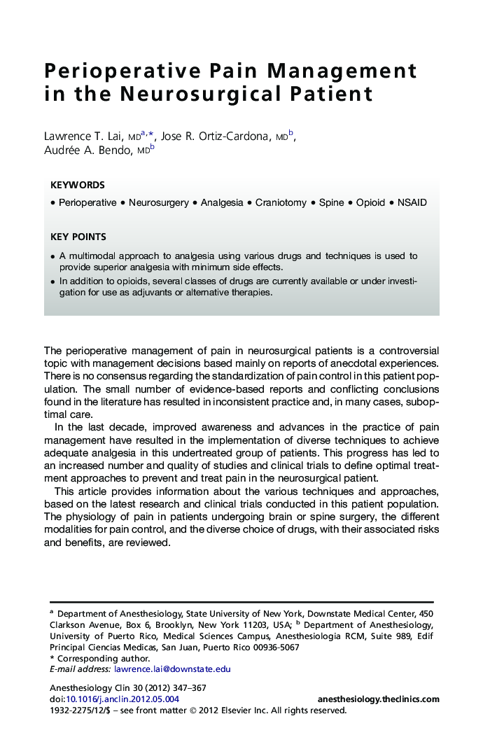 Perioperative Pain Management in the Neurosurgical Patient