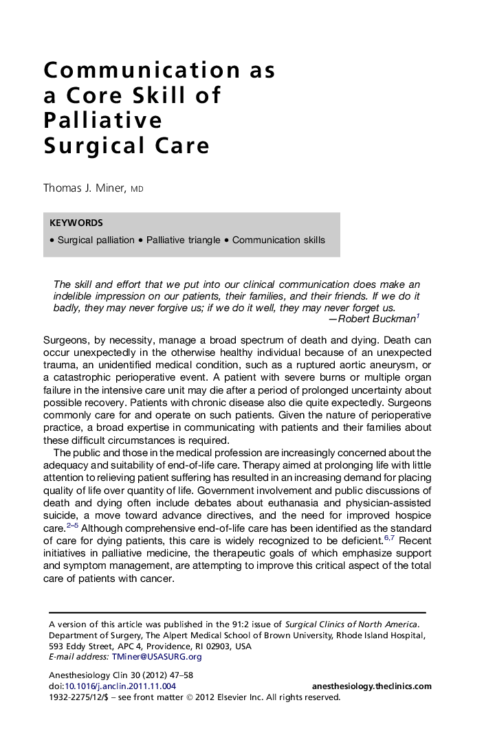 Communication as a Core Skill of Palliative Surgical Care