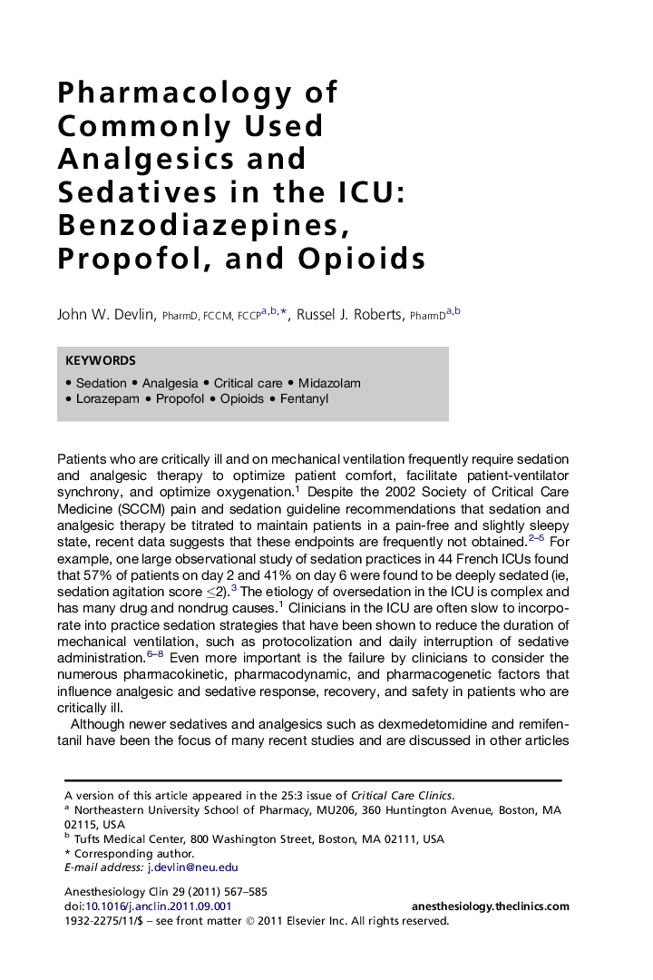 Pharmacology of Commonly Used Analgesics and Sedatives in the ICU: Benzodiazepines, Propofol, and Opioids