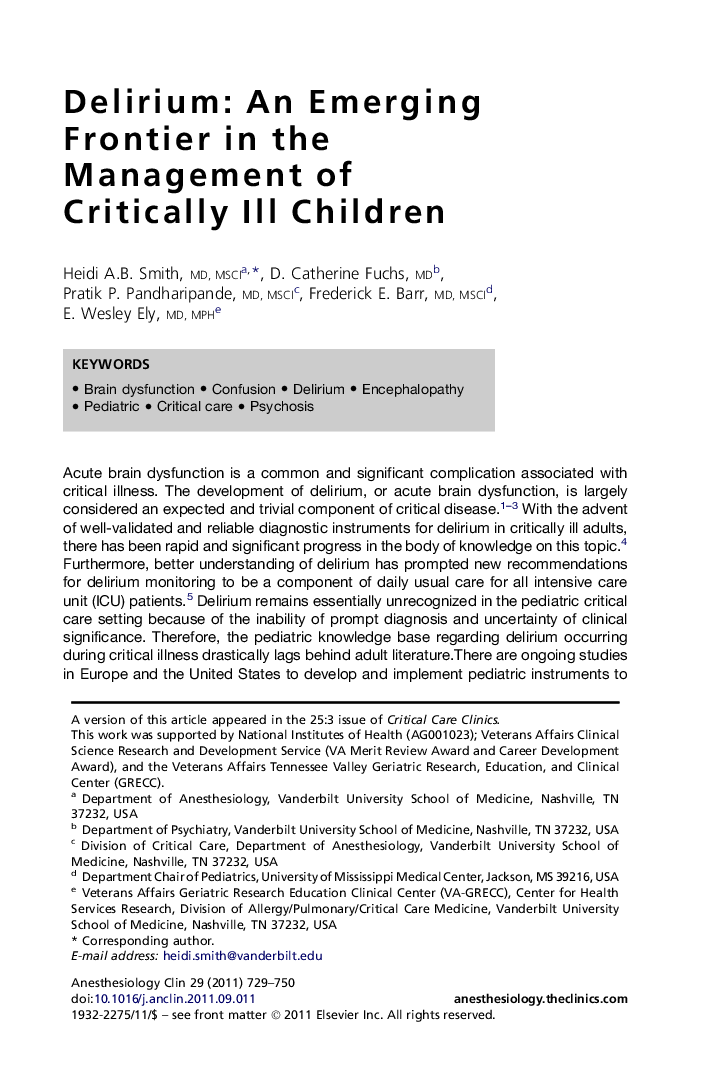 Delirium: An Emerging Frontier in the Management of Critically Ill Children