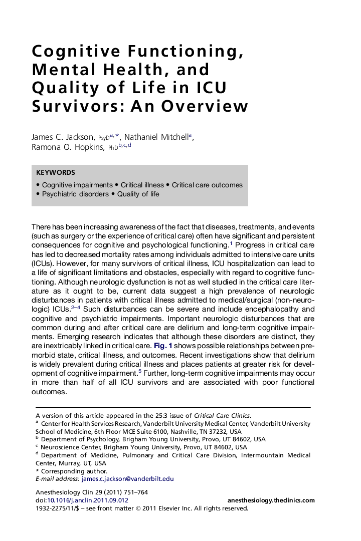 Cognitive Functioning, Mental Health, and Quality of Life in ICU Survivors: An Overview