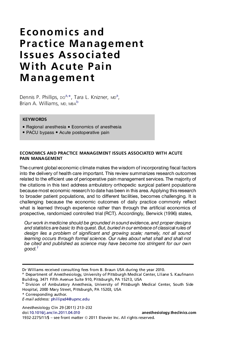 Economics and Practice Management Issues Associated With Acute Pain Management