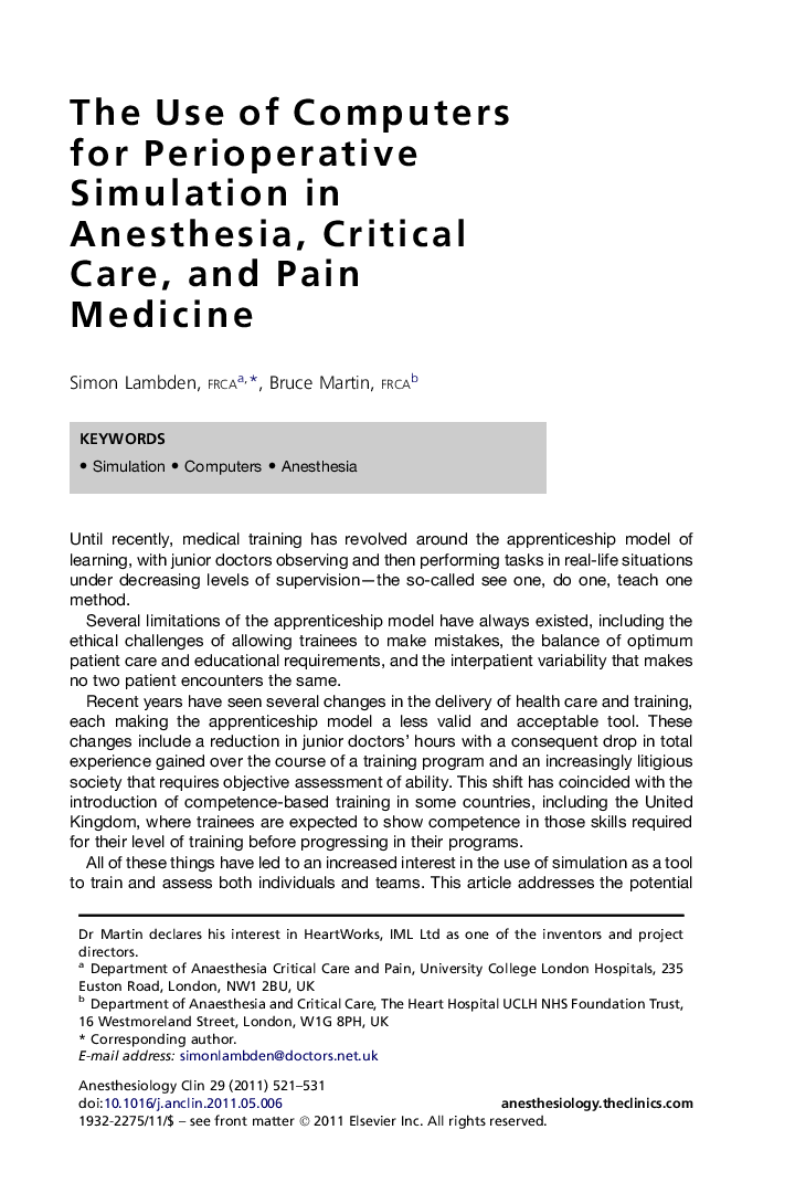 The Use of Computers for Perioperative Simulation in Anesthesia, Critical Care, and Pain Medicine