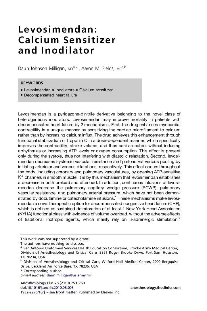 Levosimendan: Calcium Sensitizer and Inodilator