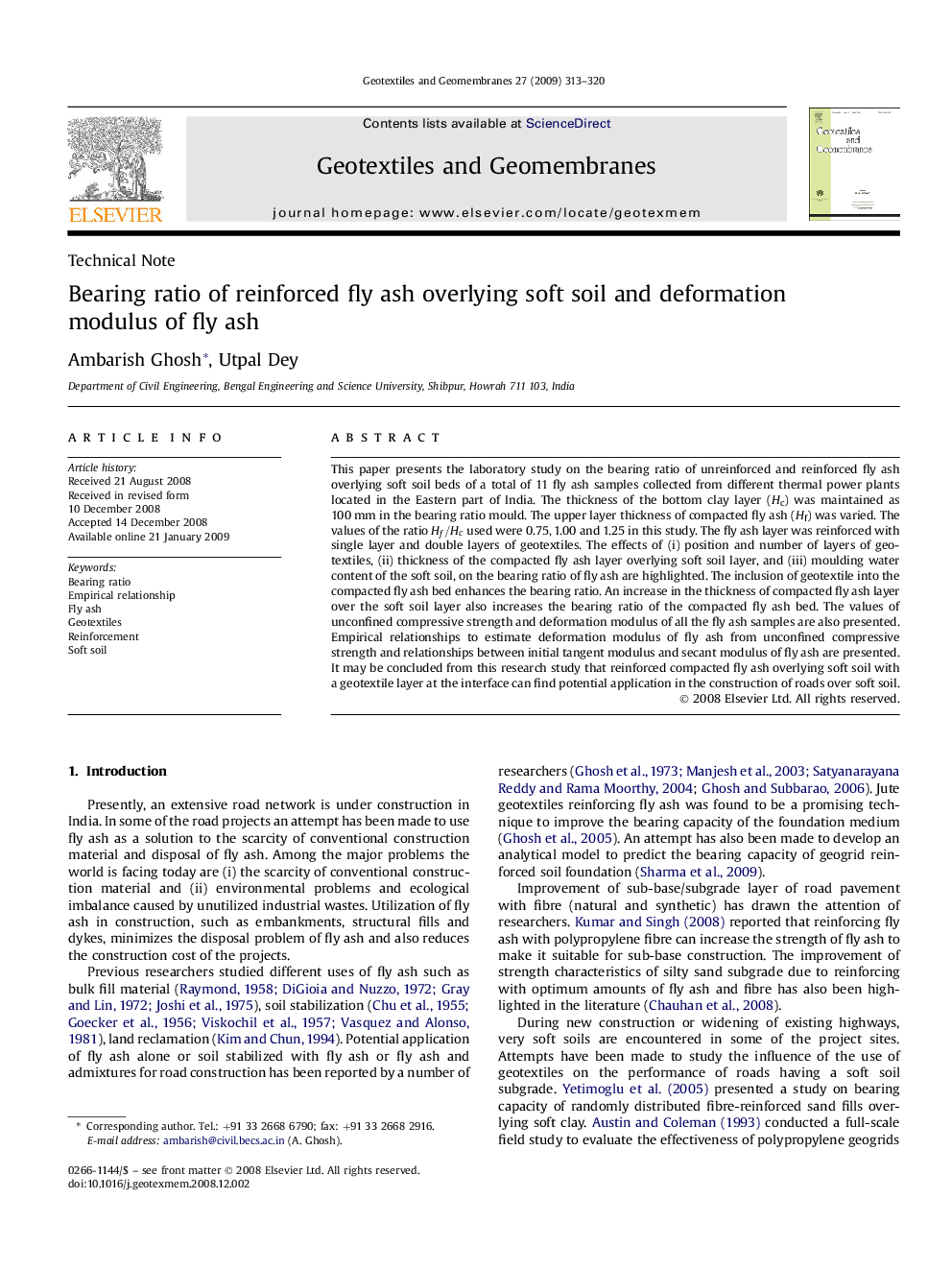 Bearing ratio of reinforced fly ash overlying soft soil and deformation modulus of fly ash