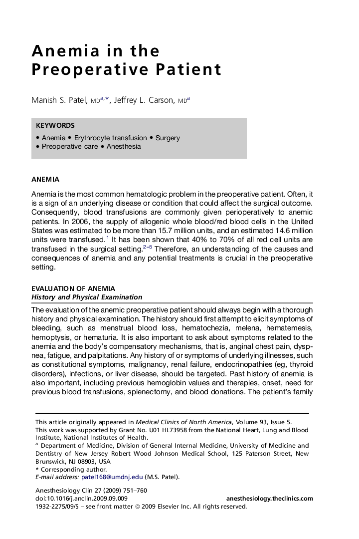 Anemia in the Preoperative Patient