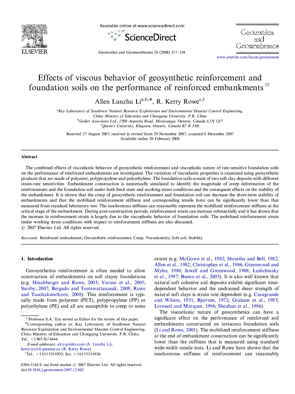 Effects of viscous behavior of geosynthetic reinforcement and foundation soils on the performance of reinforced embankments 