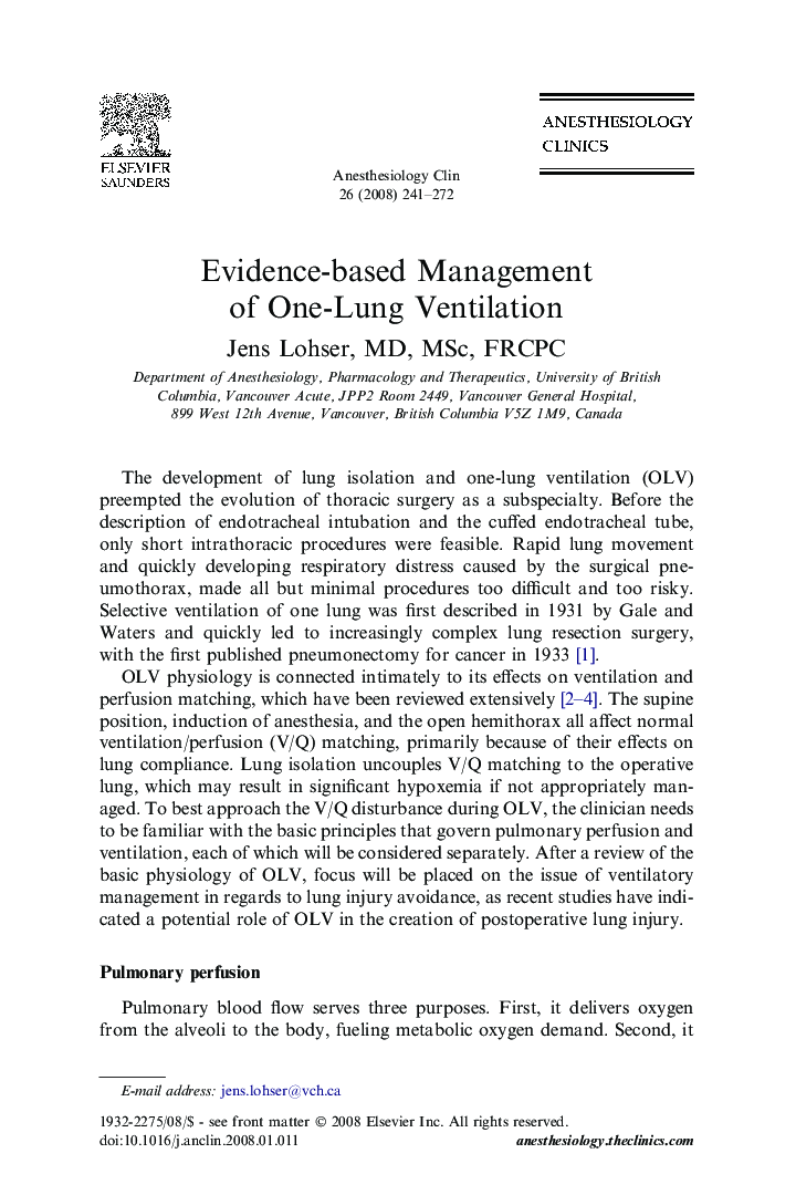 Evidence-based Management of One-Lung Ventilation