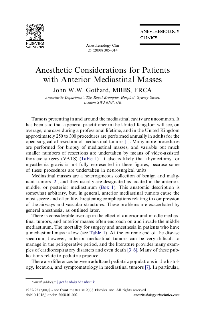 Anesthetic Considerations for Patients with Anterior Mediastinal Masses