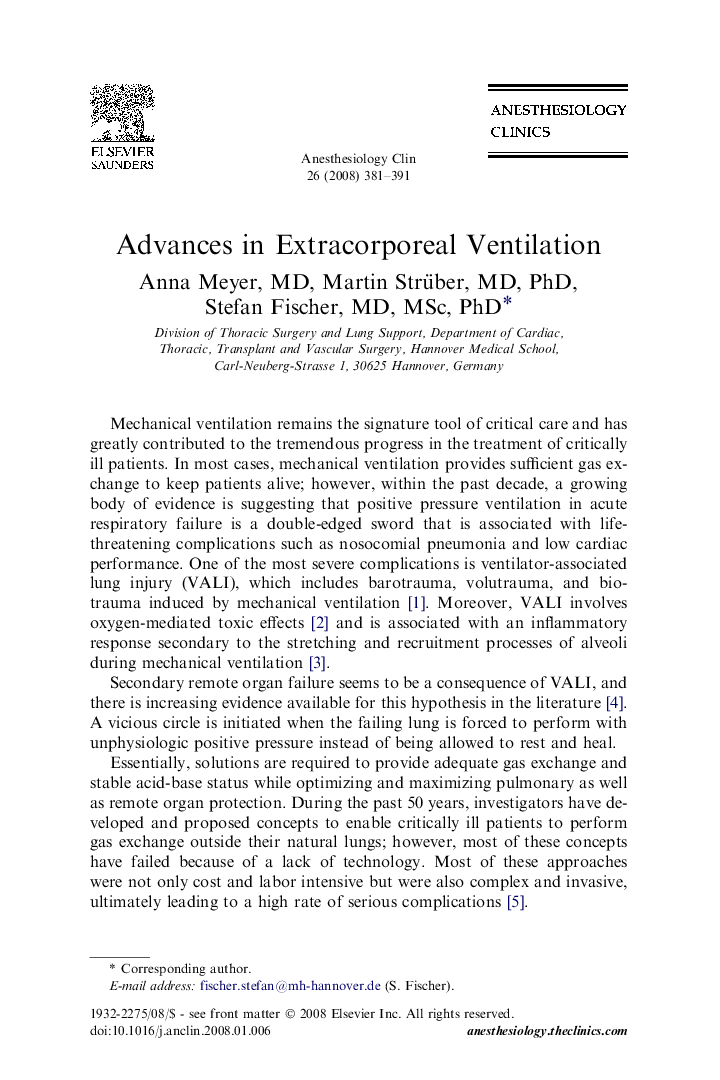 Advances in Extracorporeal Ventilation