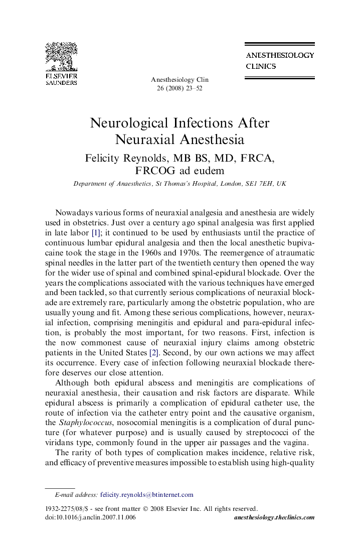 Neurological Infections After Neuraxial Anesthesia