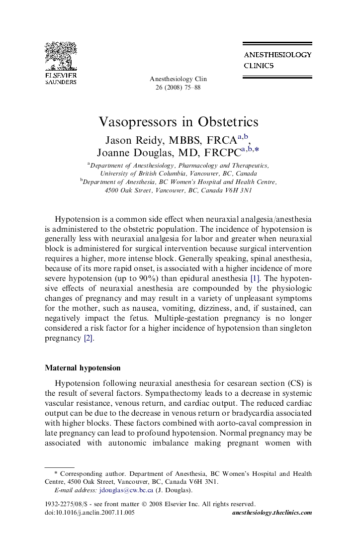 Vasopressors in Obstetrics