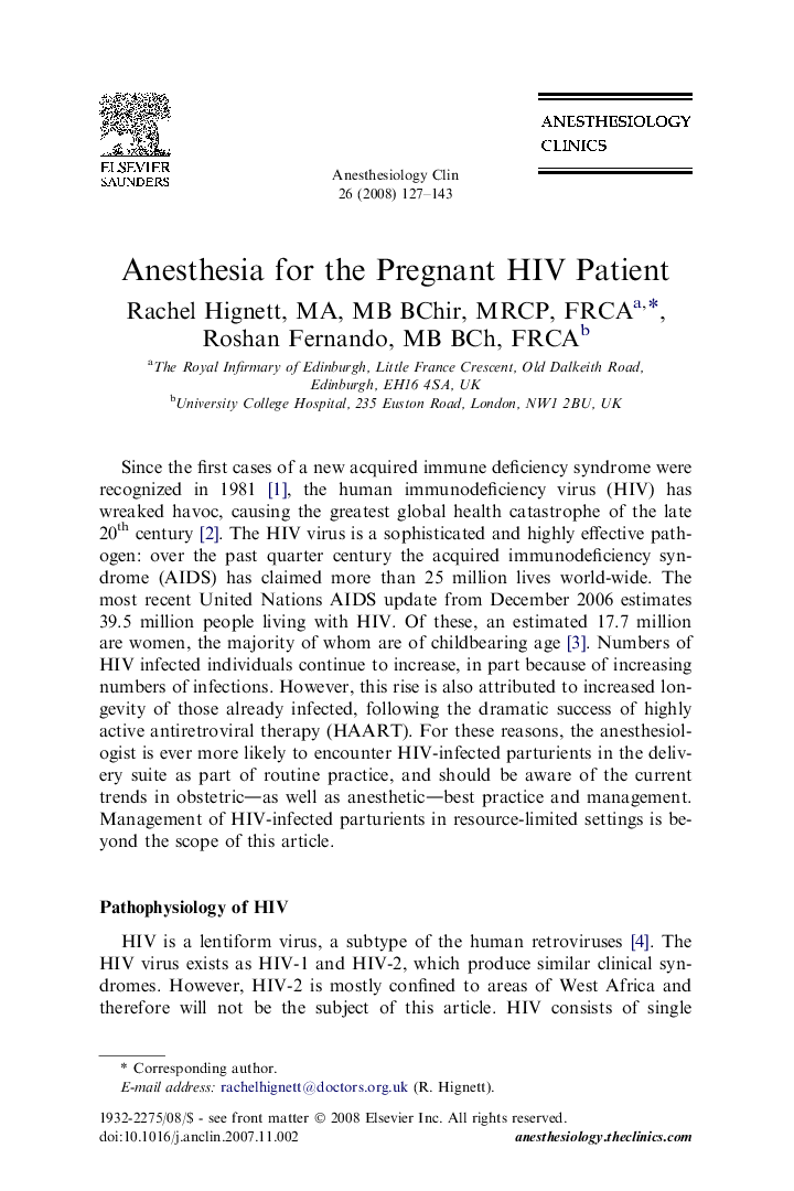 Anesthesia for the Pregnant HIV Patient