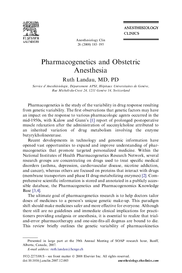 Pharmacogenetics and Obstetric Anesthesia 