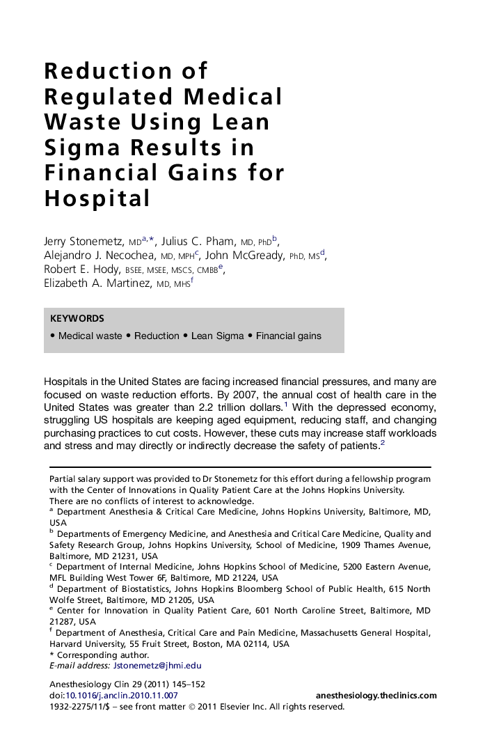 Reduction of Regulated Medical Waste Using Lean Sigma Results in Financial Gains for Hospital