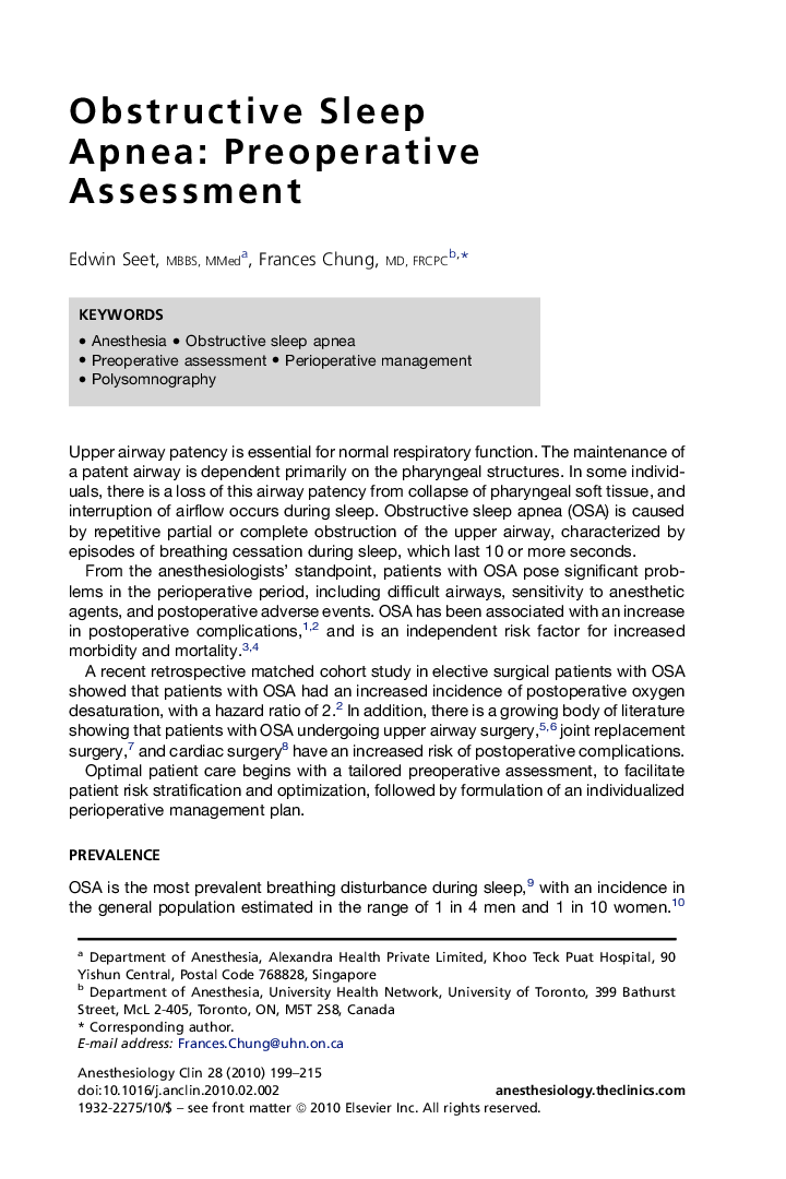 Obstructive Sleep Apnea: Preoperative Assessment