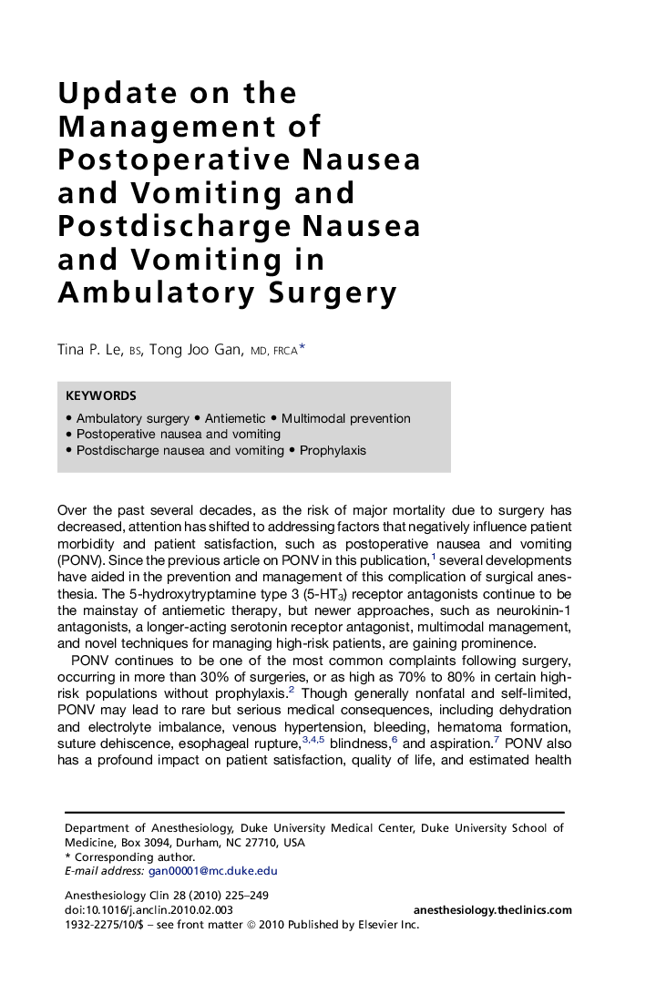 Update on the Management of Postoperative Nausea and Vomiting and Postdischarge Nausea and Vomiting in Ambulatory Surgery