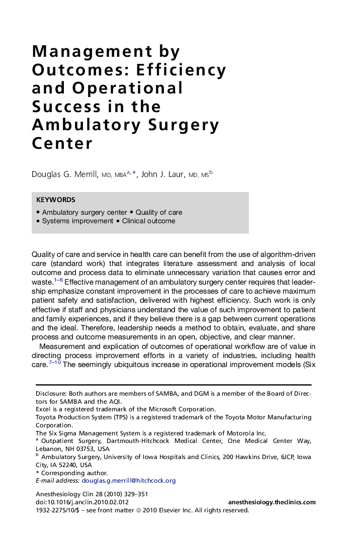Management by Outcomes: Efficiency and Operational Success in the Ambulatory Surgery Center