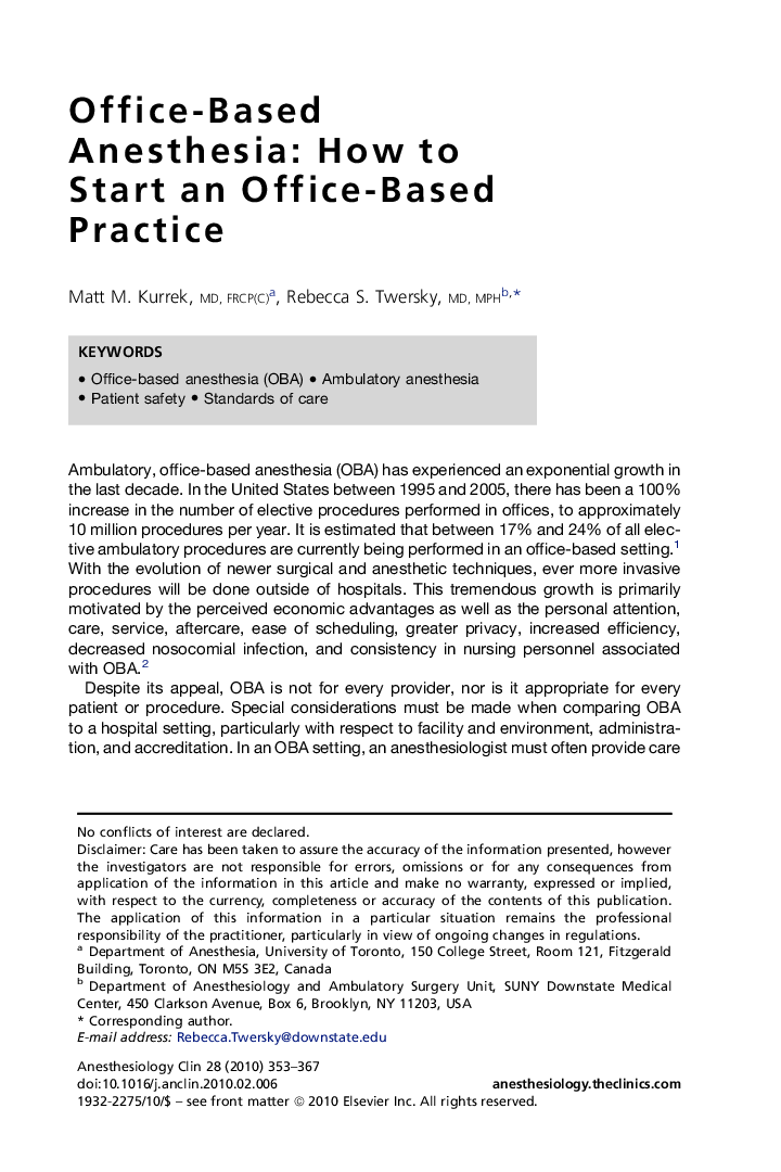 Office-Based Anesthesia: How to Start an Office-Based Practice