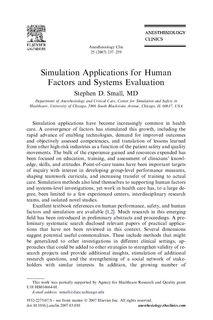 Simulation Applications for Human Factors and Systems Evaluation