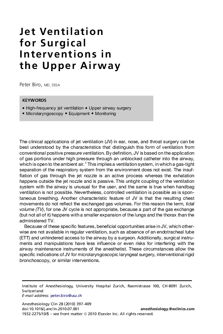 Jet Ventilation for Surgical Interventions in the Upper Airway