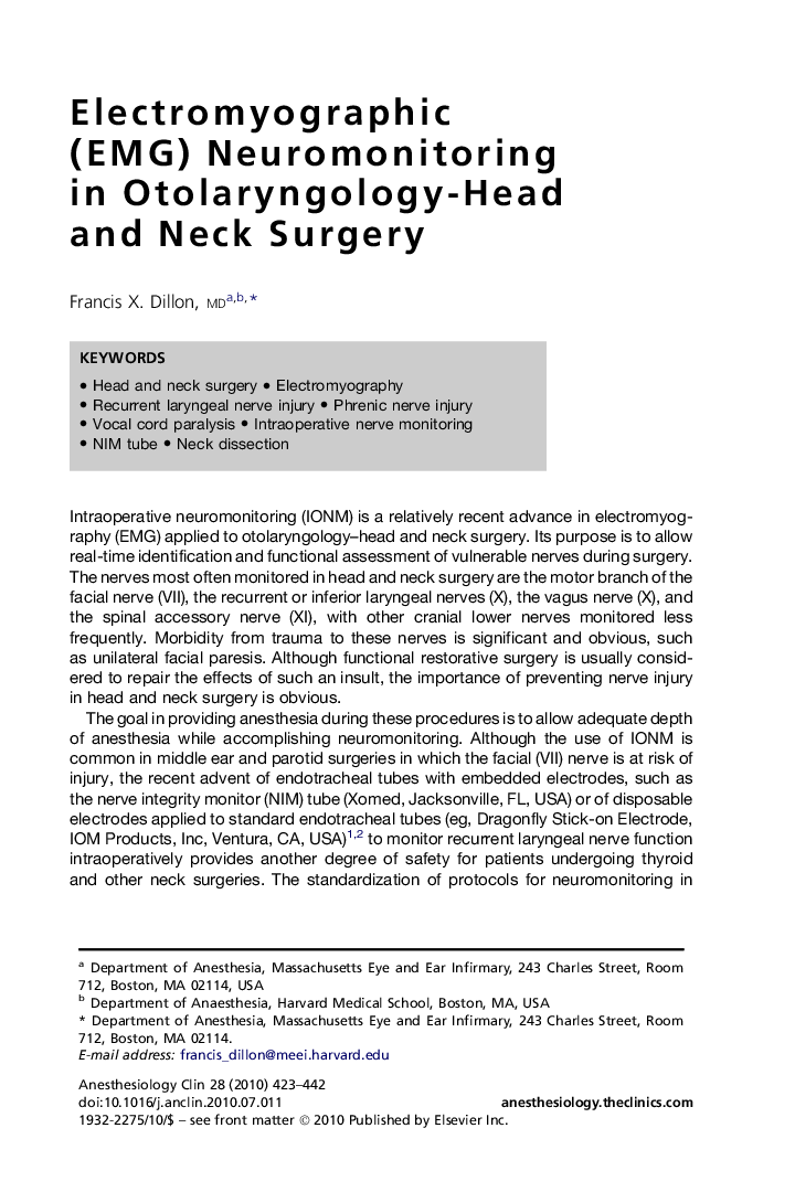 Electromyographic (EMG) Neuromonitoring in Otolaryngology-Head and Neck Surgery