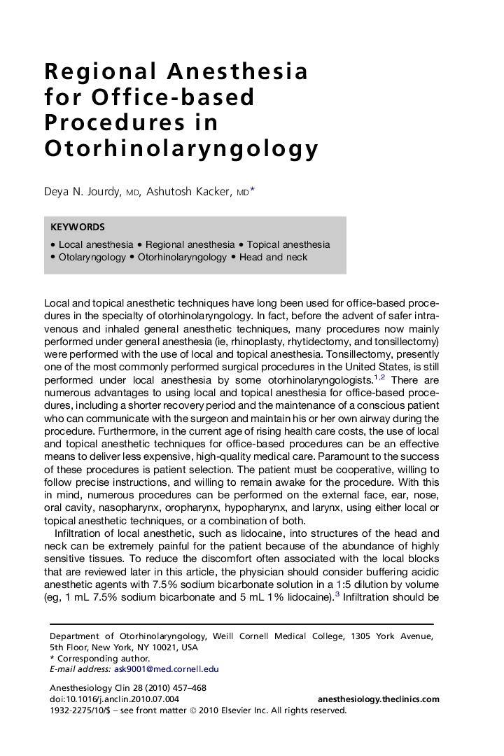 Regional Anesthesia for Office-based Procedures in Otorhinolaryngology