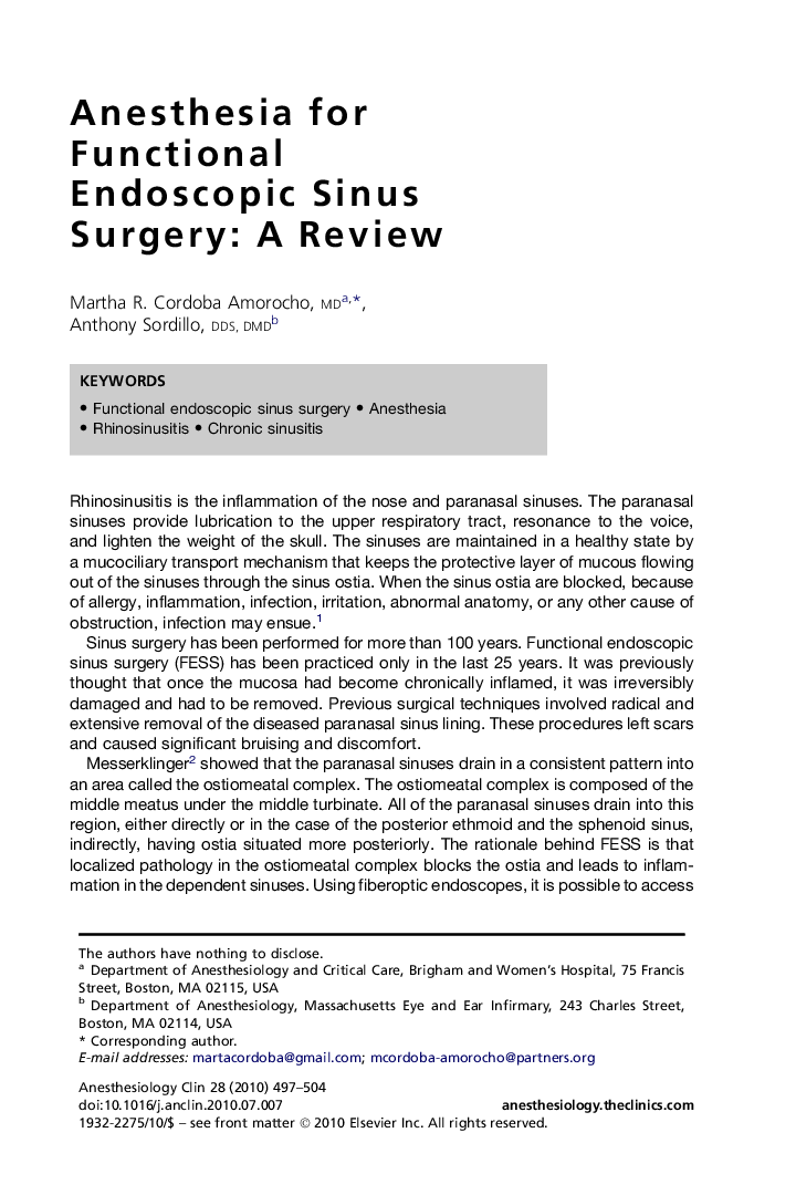 Anesthesia for Functional Endoscopic Sinus Surgery: A Review