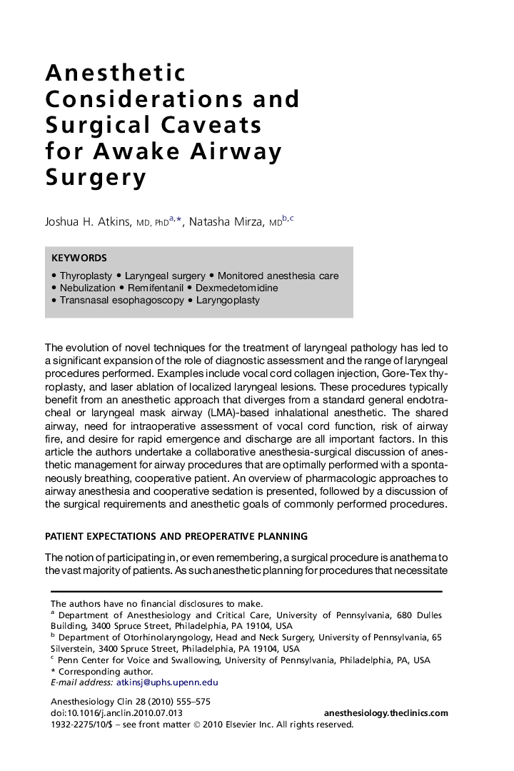 Anesthetic Considerations and Surgical Caveats for Awake Airway Surgery