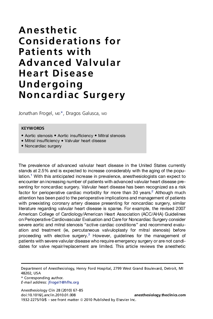 Anesthetic Considerations for Patients with Advanced Valvular Heart Disease Undergoing Noncardiac Surgery