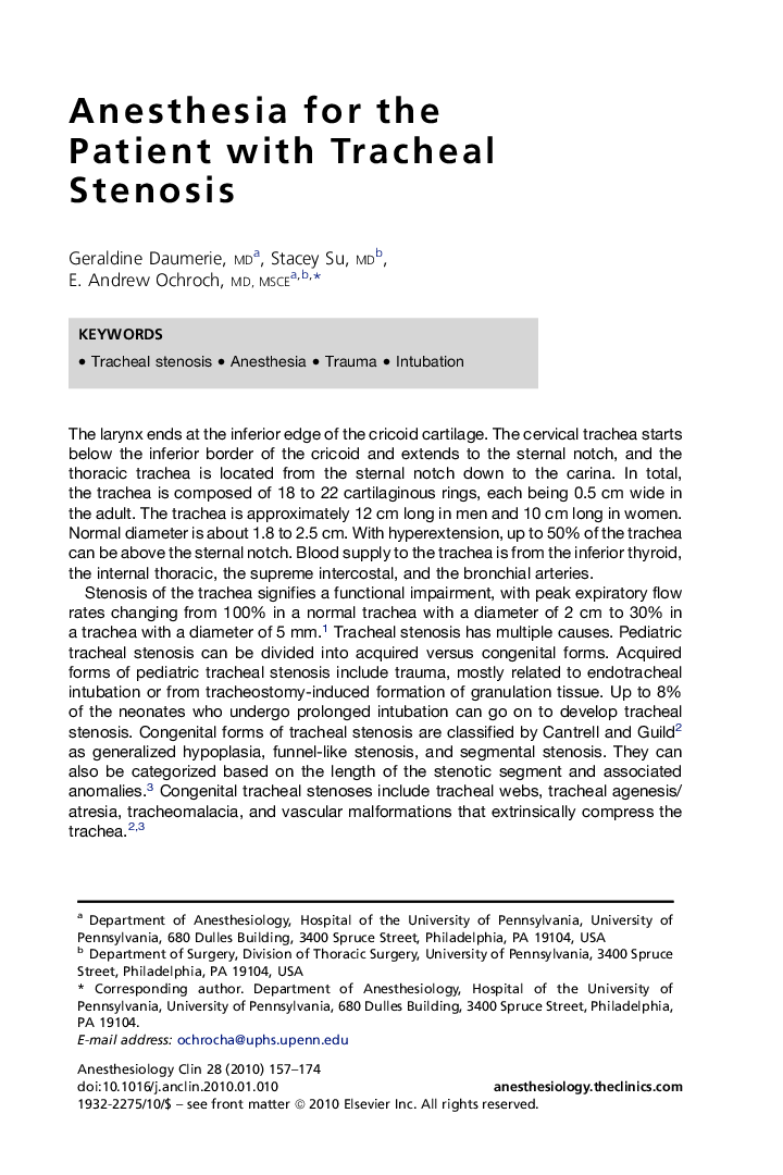 Anesthesia for the Patient with Tracheal Stenosis