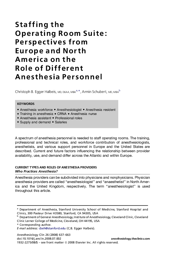 Staffing the Operating Room Suite: Perspectives from Europe and North America on the Role of Different Anesthesia Personnel