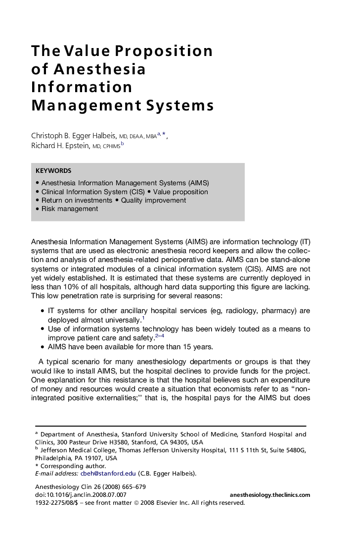 The Value Proposition of Anesthesia Information Management Systems