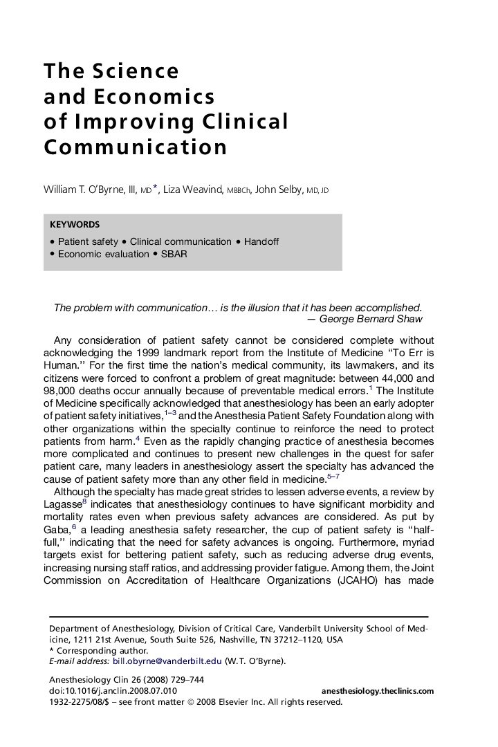 The Science and Economics of Improving Clinical Communication