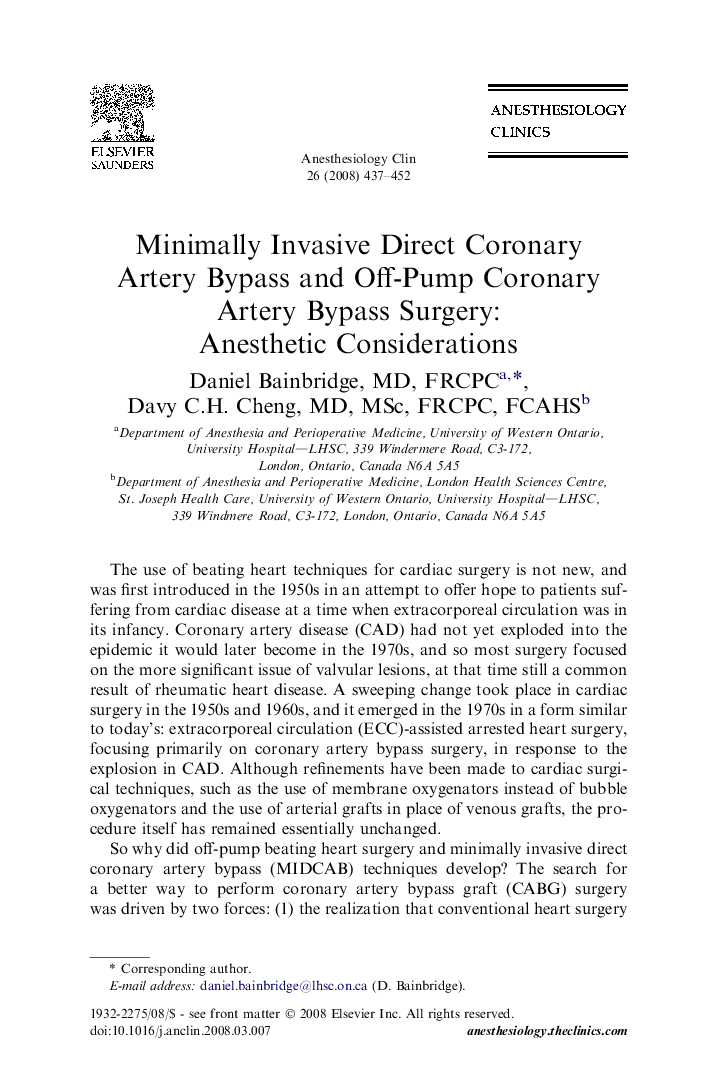 Minimally Invasive Direct Coronary Artery Bypass and Off-Pump Coronary Artery Bypass Surgery: Anesthetic Considerations