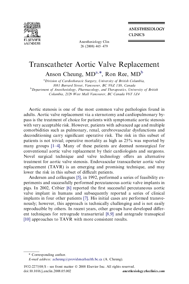 Transcatheter Aortic Valve Replacement