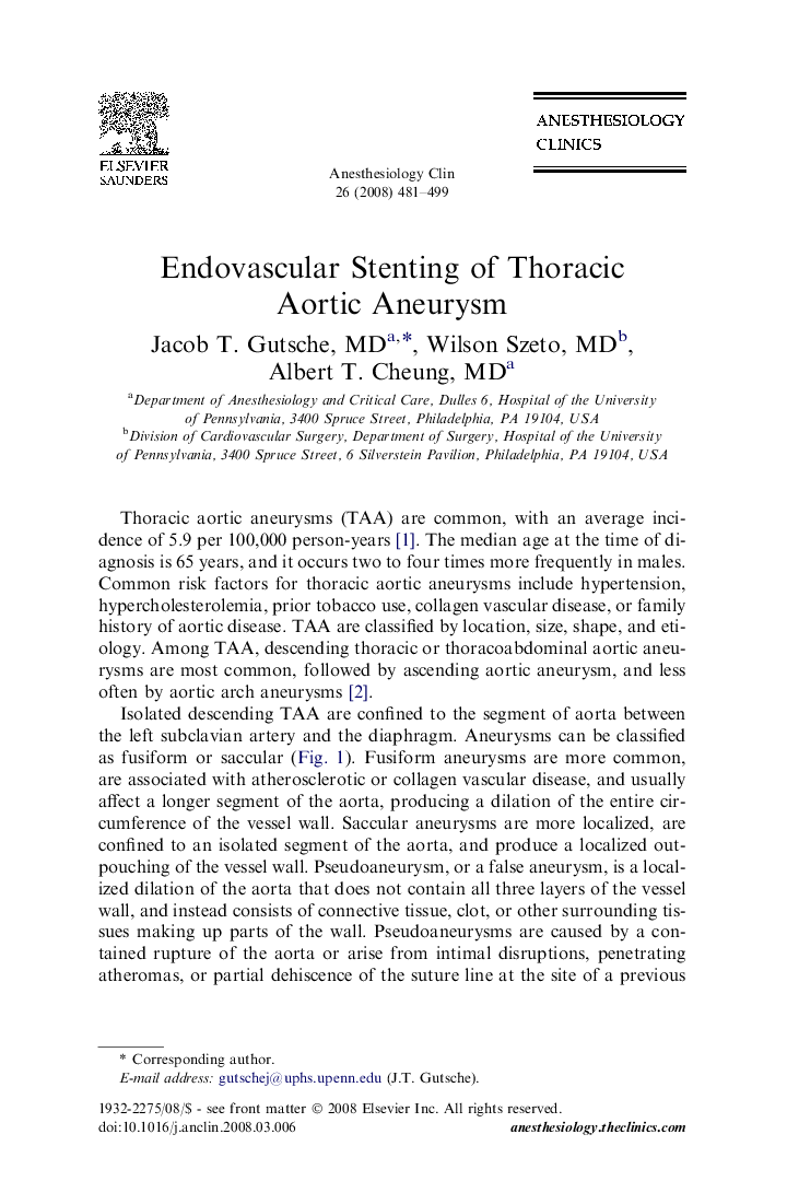 Endovascular Stenting of Thoracic Aortic Aneurysm