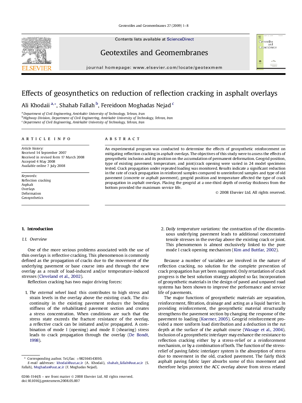 Effects of geosynthetics on reduction of reflection cracking in asphalt overlays