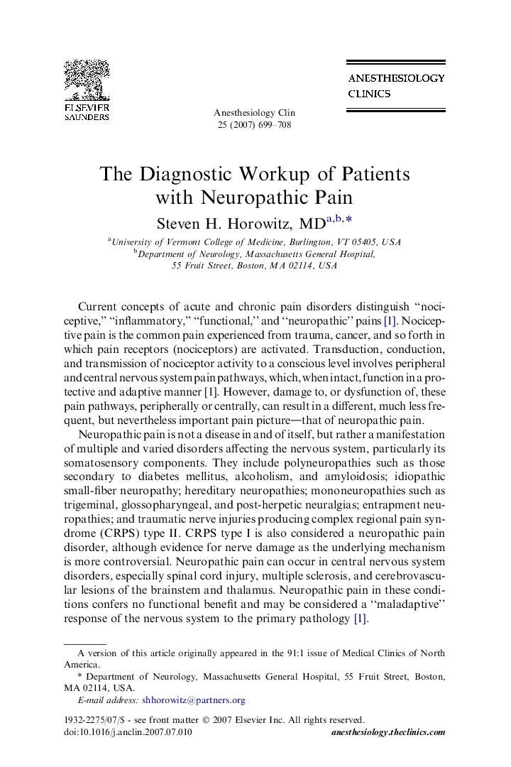 The Diagnostic Workup of Patients withÂ Neuropathic Pain