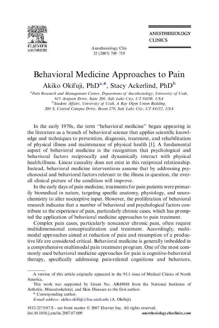 Behavioral Medicine Approaches to Pain