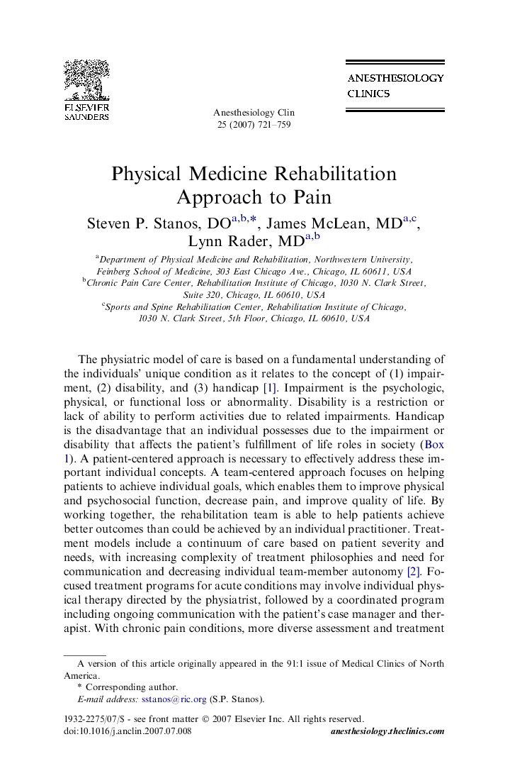 Physical Medicine Rehabilitation Approach to Pain